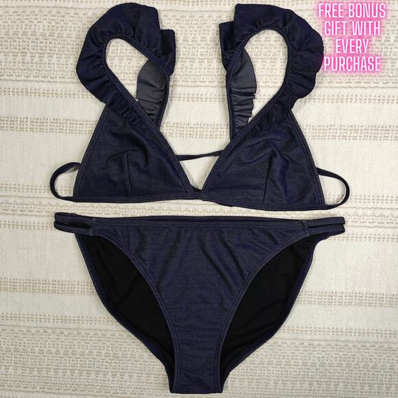 Sand Castle Denim Blue Ruffle 2 Piece Swimsuit Bikini Size L NEW - Picture 1 of 5